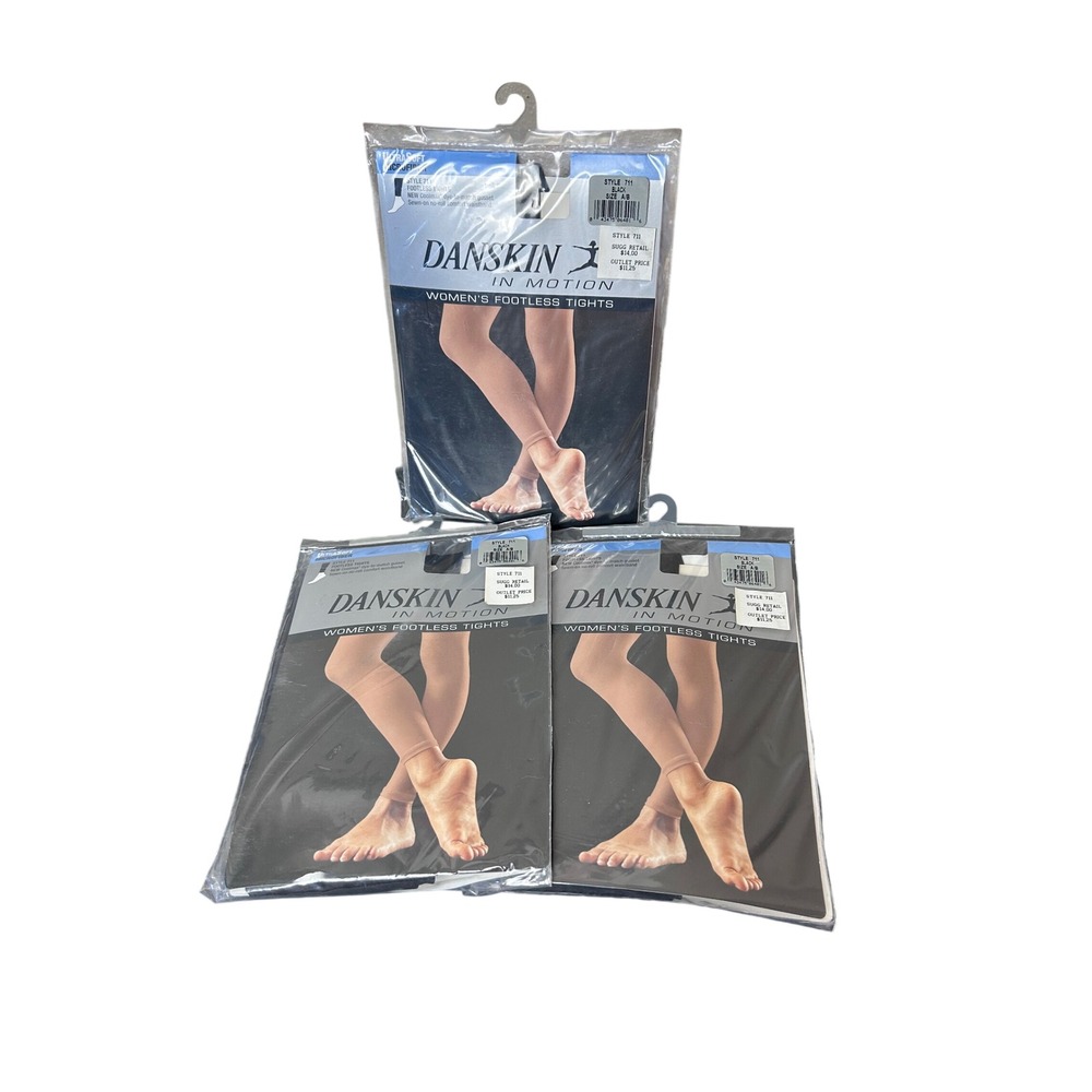 3 Vintage Danskin In Motion Womens Footless Tights‎ Style 711 Black Size  AB